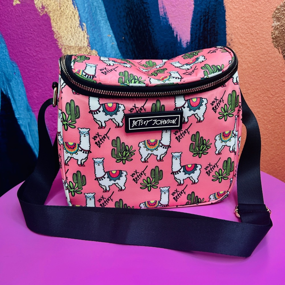 Betsey Johnson Llama Cactus Pink Insulated Crossbody Lunch Bag 9" x 6" x 8" GUC